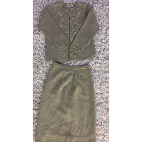 Charles & Co 100% Wool Embroidered Floral Green 2-Piece Skirt Suit Set Vintage - Picture 1 of 16